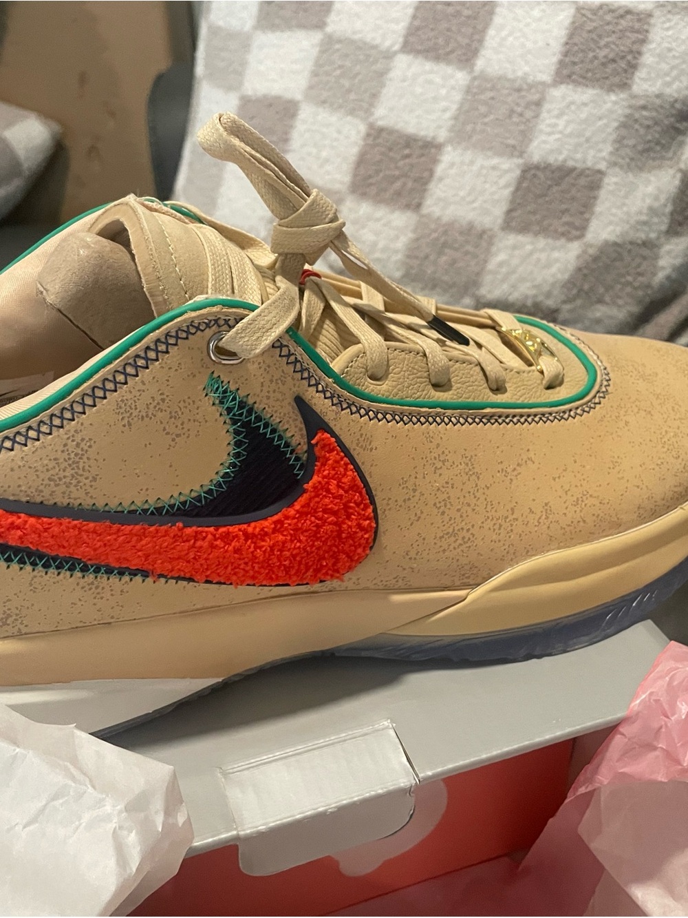 Nike LeBron 20 ‘Four Horsemen’ Beige Sneakers with Orange Swoosh and Teal Trim
